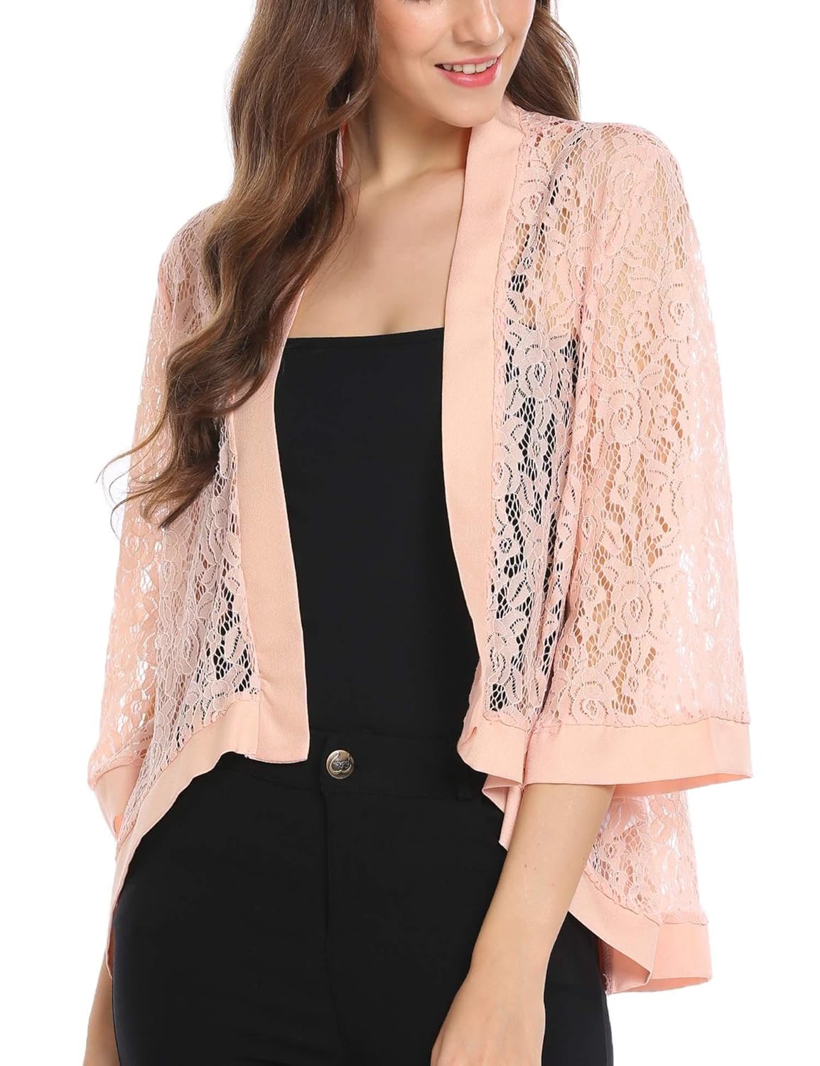 thinice 女式时尚 3 4 袖透明蕾丝钩针披肩宽松版型开衫